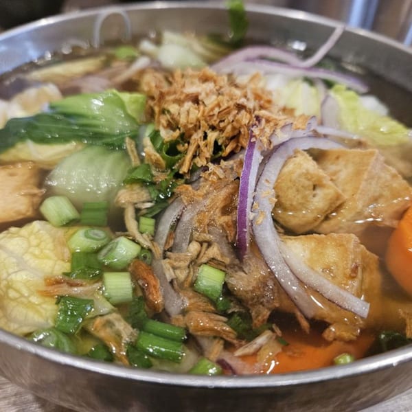 Close-up of a Vietnamese pho bowl with tofu, vegetables, fried onions, and red onions.